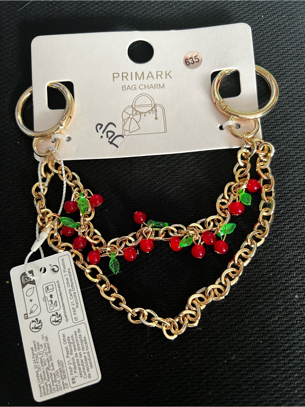 Primark Gold Chain Cherry bag charm with Red and Green Accents